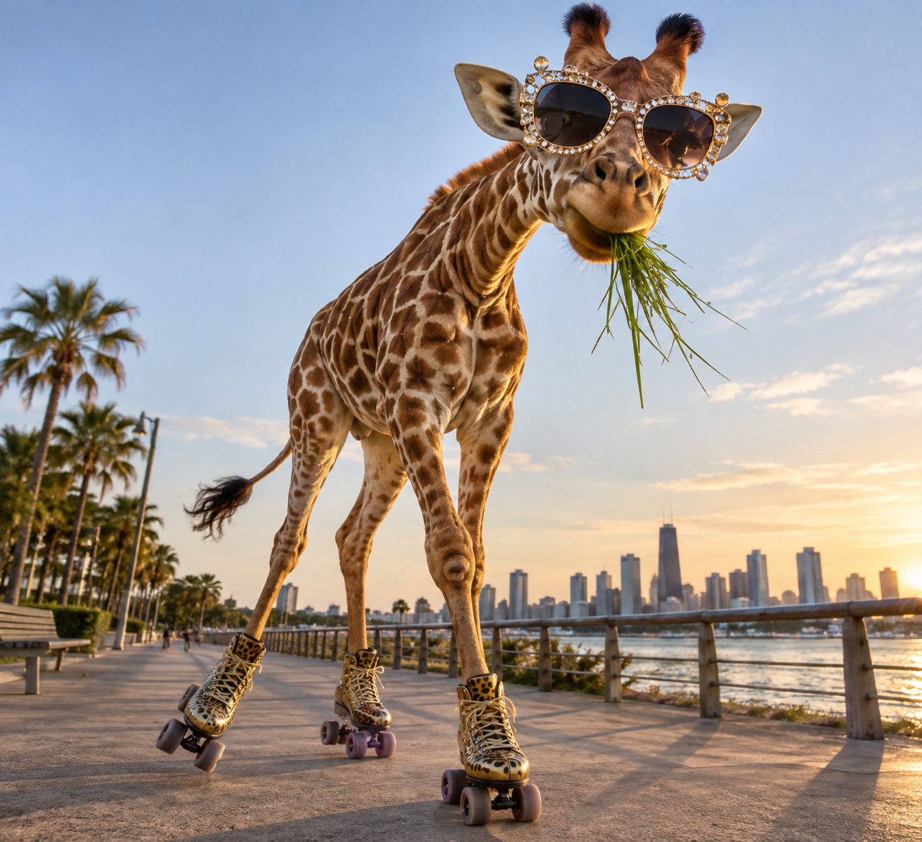 A giraffe in bedazzled sunglasses and leopard-print roller skates, happily munching grass on a sunny boardwalk