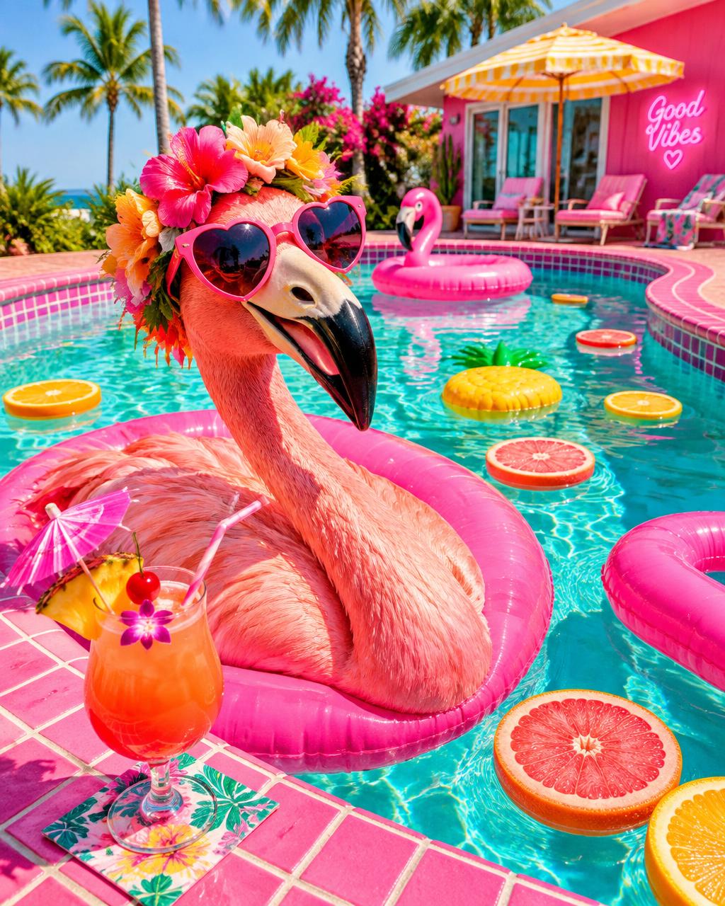 A smiling flamingo in a flower crown and heart sunglasses floating in a neon-pink pool