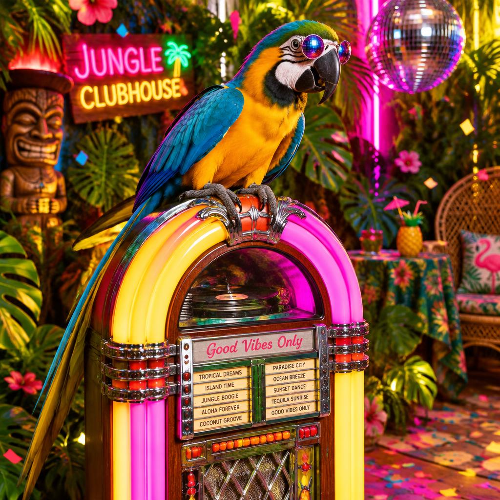 A macaw parrot in tiny disco sunglasses perched on a glowing retro jukebox in a neon jungle clubhouse